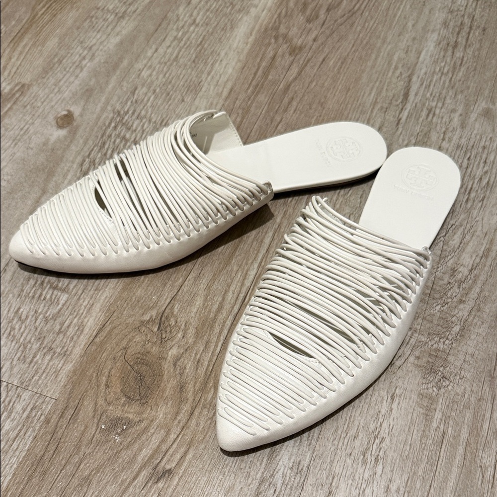 Tory Burch White Woven Pointed-Toe Slip-On Mules
